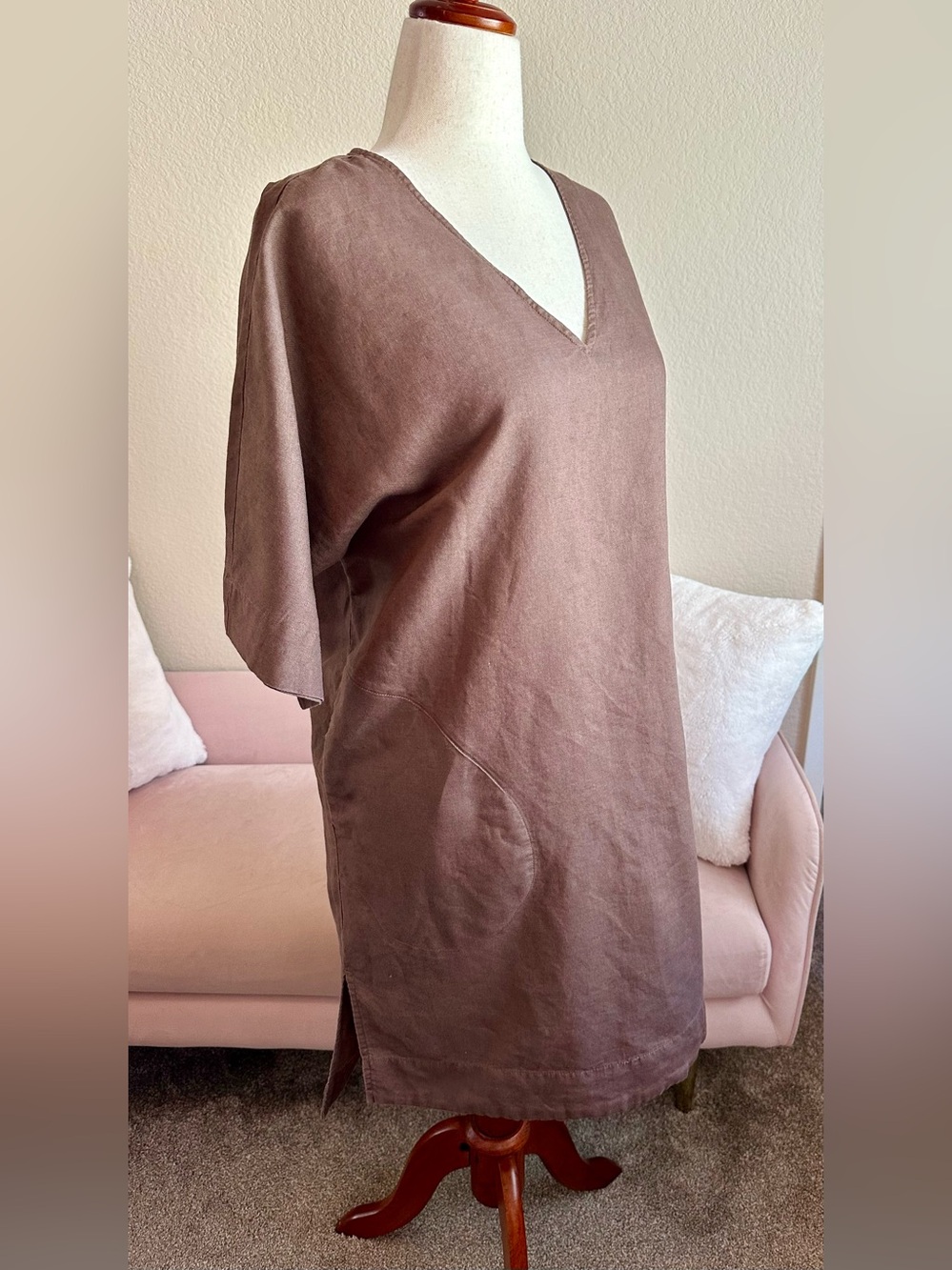 LatteLove Shift Dress Linen Cotton Choc Brown V-neck Pockets Women’s M Lagenlook